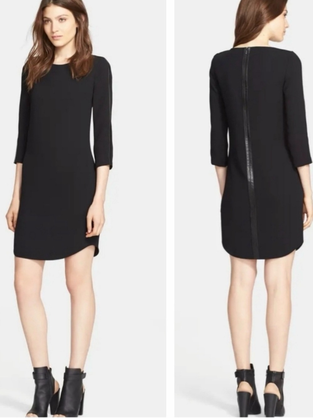 VINCE Leather Strapping Shift 3/4 Sleeve Shift Dress Black 4